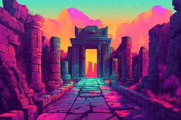 Wall Mural - A Colorful Stone Pathway Leading Through An Ancient Temple Ruins