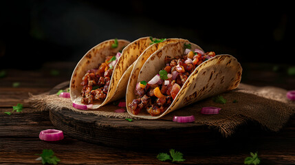 Delicious and savory tacos with red onion, cilantro, and meat filling on a rustic wooden surface.