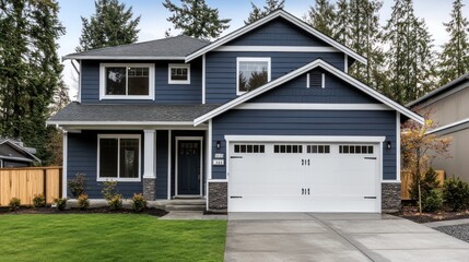 A beautiful modern two-story house with a white garage door, stone accents, and a lush green lawn.