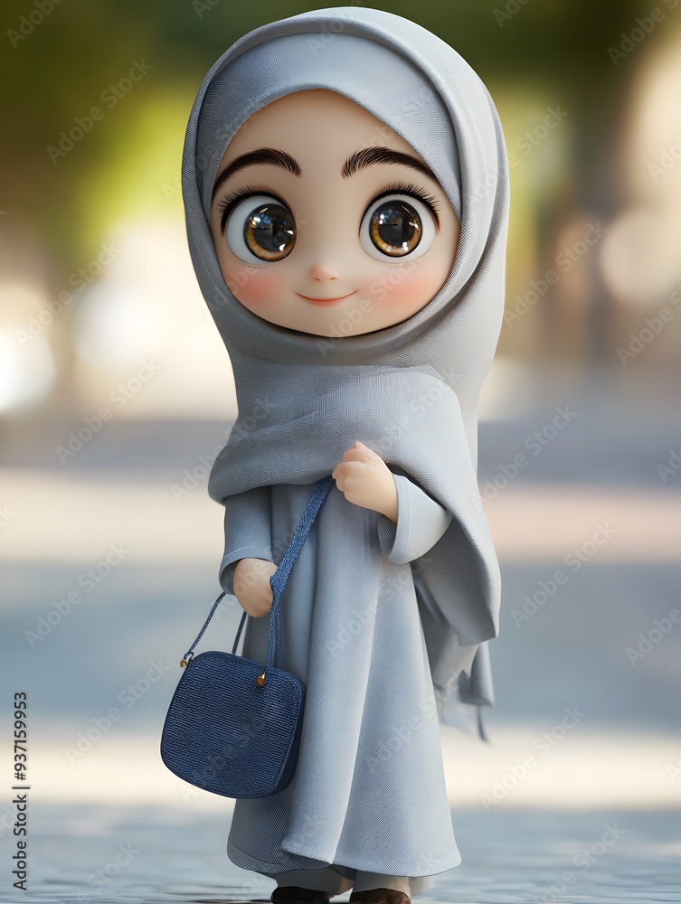 Cute Cartoon Muslim Girl Wearing Hijab with Bag Stock Illustration ...