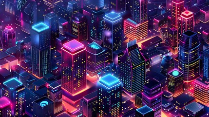 Futuristic smart night city with high-rises and urban buildings, isometric website background