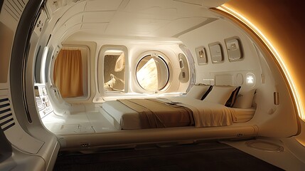 futuristic spacecraft cabin interior with a bed and a view of earth, offering a glimpse into the fut