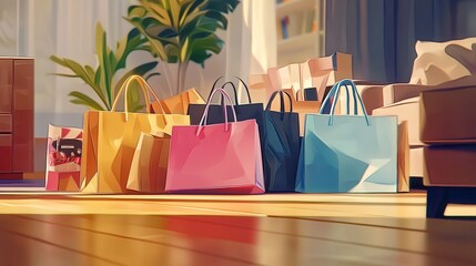 Colorful shopping bags on the floor of a bright living room, suggesting a recent shopping spree or gift event.