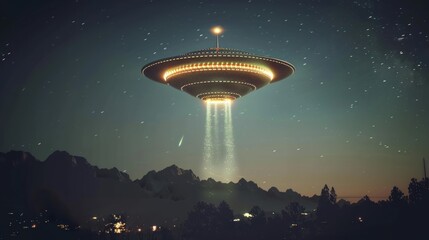 a glowing UFO emitting lights in the night sky, highlighting the concept of alien encounters.