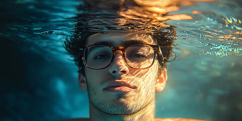 Wall Mural - Portrait of an attractive man with glasses, floating underwater, generative AI