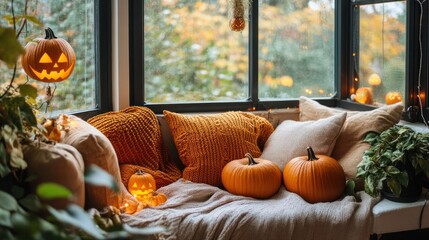 Poster - Cozy window seat decorated with pumpkins, string lights and throw pillows for Halloween.