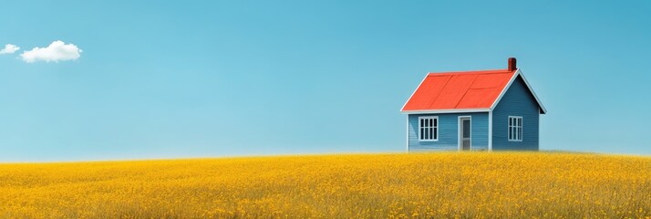 Canvas Print - Blue House on a Hilltop Field - A single blue house with a red roof stands on a hilltop surrounded by a field of yellow wildflowers, representing tranquility, peace, new beginnings, dreams, and escape