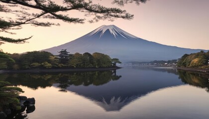 Wall Mural -  Tranquil lakeside view of majestic Mount Fuji at sunset