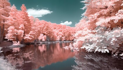 Canvas Print -  Enchanted Forest  A serene pink blossomlined river