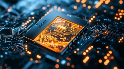 Poster - Close-up of a Computer Processor on a Circuit Board - A close-up of a computer processor on a circuit board, with the processor glowing brightly. This image symbolizes innovation, technology, computin