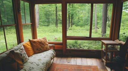 Poster - Cozy cabin porch with a view of green trees and a comfy couch with pillows.