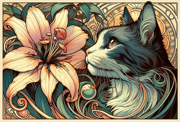 Wall Mural - Decorative painting of flowers and a cat, generated by AI.