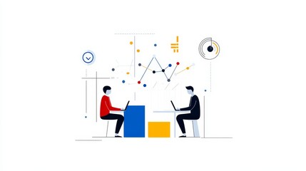 Poster - Data Analysis Collaboration: Two People Working Together on Charts and Graphs - Two people are working together, focused on a screen, with a graph and chart behind them, symbolizing data analysis, tea