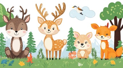 Poster - Cute Cartoon Deer Family in Forest Illustration