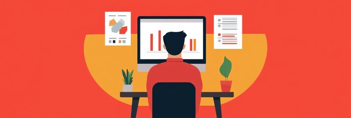 Poster - Data Analysis and Business Strategy:  A Man Focused on Charts and Graphs - A man sits in front of a computer, analyzing data charts and graphs, showcasing the importance of data-driven decision making