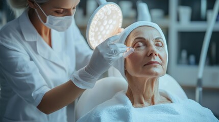 A woman is getting her face done by a doctor