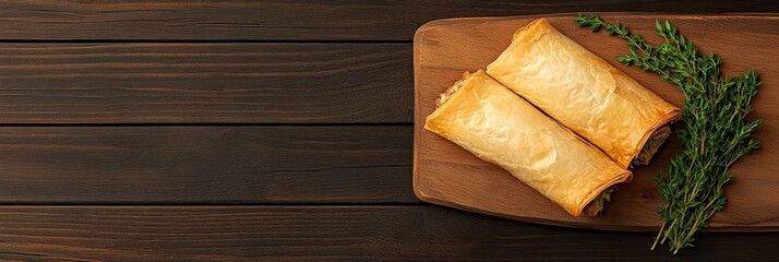 Poster - Delicious Crispy Phyllo Rolls with Herbs on Rustic Wooden Background - Two golden brown phyllo rolls on a wooden board, garnished with fresh thyme sprigs, representing delicious food, culinary artistr