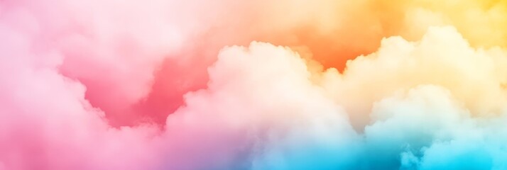 Wall Mural - Dreamy Pastel Cloudscape Background - A soft and ethereal image featuring a sky filled with fluffy white clouds bathed in pastel hues of pink, blue, and yellow. The clouds symbolize serenity, dreams, 