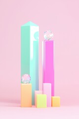 Poster - Colorful Geometric Shapes with Crystal Balls on Pastel Pink Background