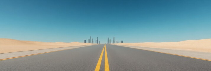 Empty Road Leading to the Horizon in the Desert - A straight road cuts through the endless sand dunes, symbolizing journey, freedom, opportunity, exploration, and  the vastness of the desert.