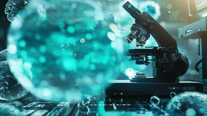Poster - powerful microscope is analyzing 3d rendered cells, showcasing innovative medical research and analy