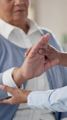 Wall Mural - Hands, stretching and physiotherapist with patient for health, physiotherapy healing and arthritis assessment. Medical, senior woman and carpal tunnel with wrist exercise, help and mobility recovery