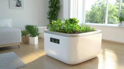 Smart composting system with digital monitoring, sleek design, soft indoor light