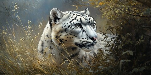 Wall Mural - a snow leopard up close in a grassy field, surrounded by trees and bushes in the foreground