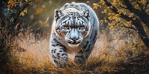 Wall Mural - a snow leopard up close in a grassy field, surrounded by trees and bushes in the foreground