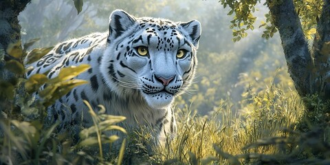 Sticker - A snow leopard up close in a grassy field, surrounded by trees and bushes in the foreground 