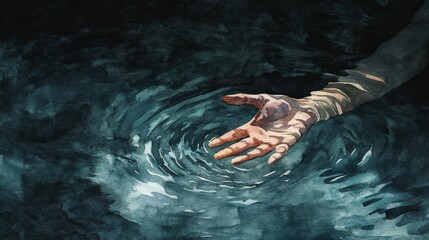 Poster - Hand Reaching Out of Water, Hope and Salvation - A hand reaches out from the water, symbolizing hope, salvation, a call for help, a new beginning, and reaching for a higher purpose.