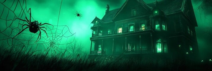 Sticker - Haunted House in a Foggy Forest with Spiders - A spooky haunted house with glowing windows sits in a foggy forest with a large spider in the foreground, symbolizing mystery, danger, Halloween, darknes