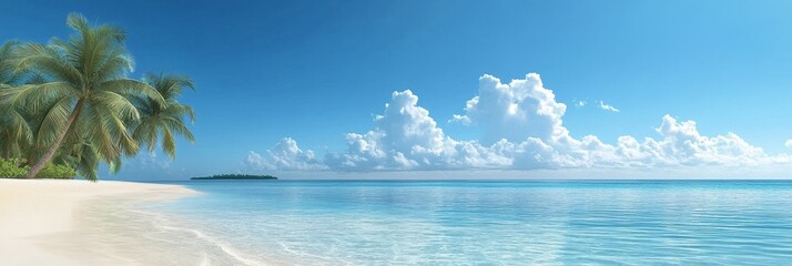 Poster - Idyllic Tropical Beach with Palm Trees and Crystal Clear Water - A serene tropical beach scene with lush palm trees swaying gently in the breeze. The pristine white sand meets the turquoise waters, cr