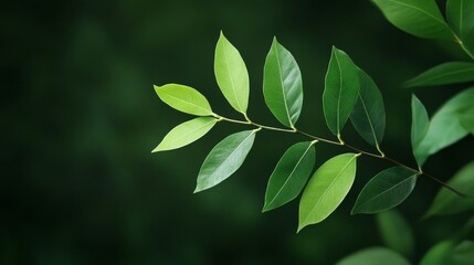 Sticker - Lush Green Leaves Branch with Blurred Background - A vibrant branch with several green leaves, showcasing the beauty of nature, growth, and the delicate details of foliage. The blurred background adds