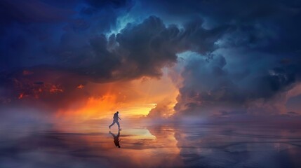 Sticker - Man Walking Towards Hopeful Sunrise with Dramatic Clouds - A lone figure walks towards a breathtaking sunrise, symbolizing hope,  new beginnings,  journey,  determination, and overcoming challenges.