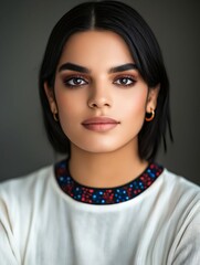 Sticker - A woman with dark hair wearing a white shirt and a necklace