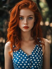 Poster - A woman with long red hair wearing a blue and white polka dot dress