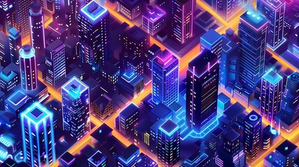 Isometric futuristic night city with residential high-rises, ideal for website background