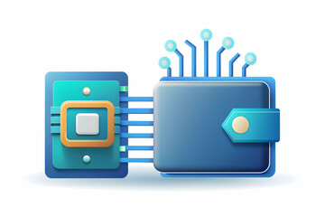 3D Icon as AI chip and digital wallet concept as An AI chip icon paired with a digital wallet representing the integration of AI hardware in secure digital transactions ideal for isolated vector desig