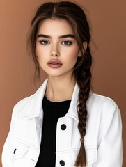 Canvas Print - A woman with long brown hair wearing a white jacket