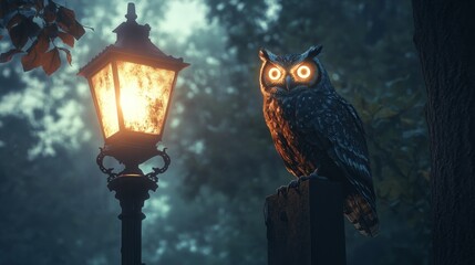 Sticker - Owl Watching Over a Dark Forest Path - A wise owl perches on a post under a streetlight, watching over a dark and mysterious forest path. The owl's glowing eyes symbolize wisdom, the streetlight repre