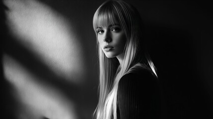 Wall Mural - A black and white photo of a woman with long blonde hair