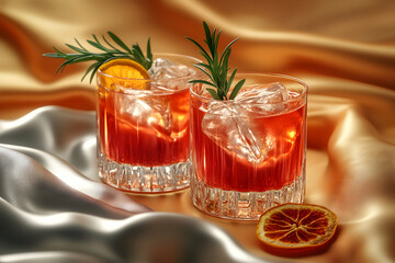 Two glasses of a refreshing red cocktail with ice and garnishes on a gold and silver fabric.