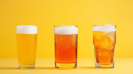 Wall Mural - Refreshing Summer Drinks in Glassware on Yellow Background - Three glasses of different beverages with foam on top, symbolizing refreshment, celebration, thirst quenching, summer fun, and relaxation.