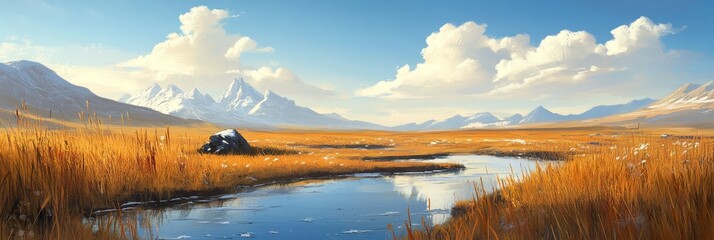 Poster - Serene Mountain Meadow with Winding River and Snowy Peaks - A tranquil scene of a mountain meadow with a winding river, surrounded by golden grass and snow-capped peaks. The blue sky and fluffy clouds