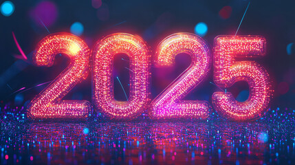 2025 New Year written in bright bold colorful lights, celebrating a happy new year