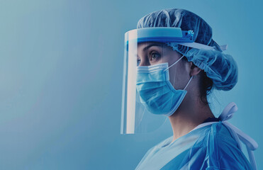 Poster - A nurse wearing medical protective equipment, such as a face shield and mask, is depicted against a light blue background.