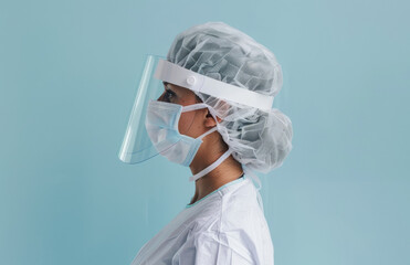 Sticker - A nurse wearing medical protective equipment, such as a face shield and mask, is depicted against a light blue background.