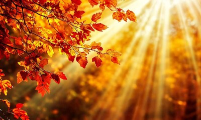 Wall Mural - warm sunlight filtering through vibrant autumn leaves in forest