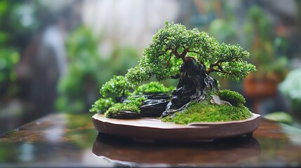 Poster - Bonsai Tree with Lush Greenery in a Rustic Pot